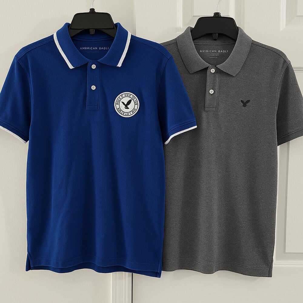 American Eagle Men’s Polo Shirt Bundle – Navy & Grey – Size M